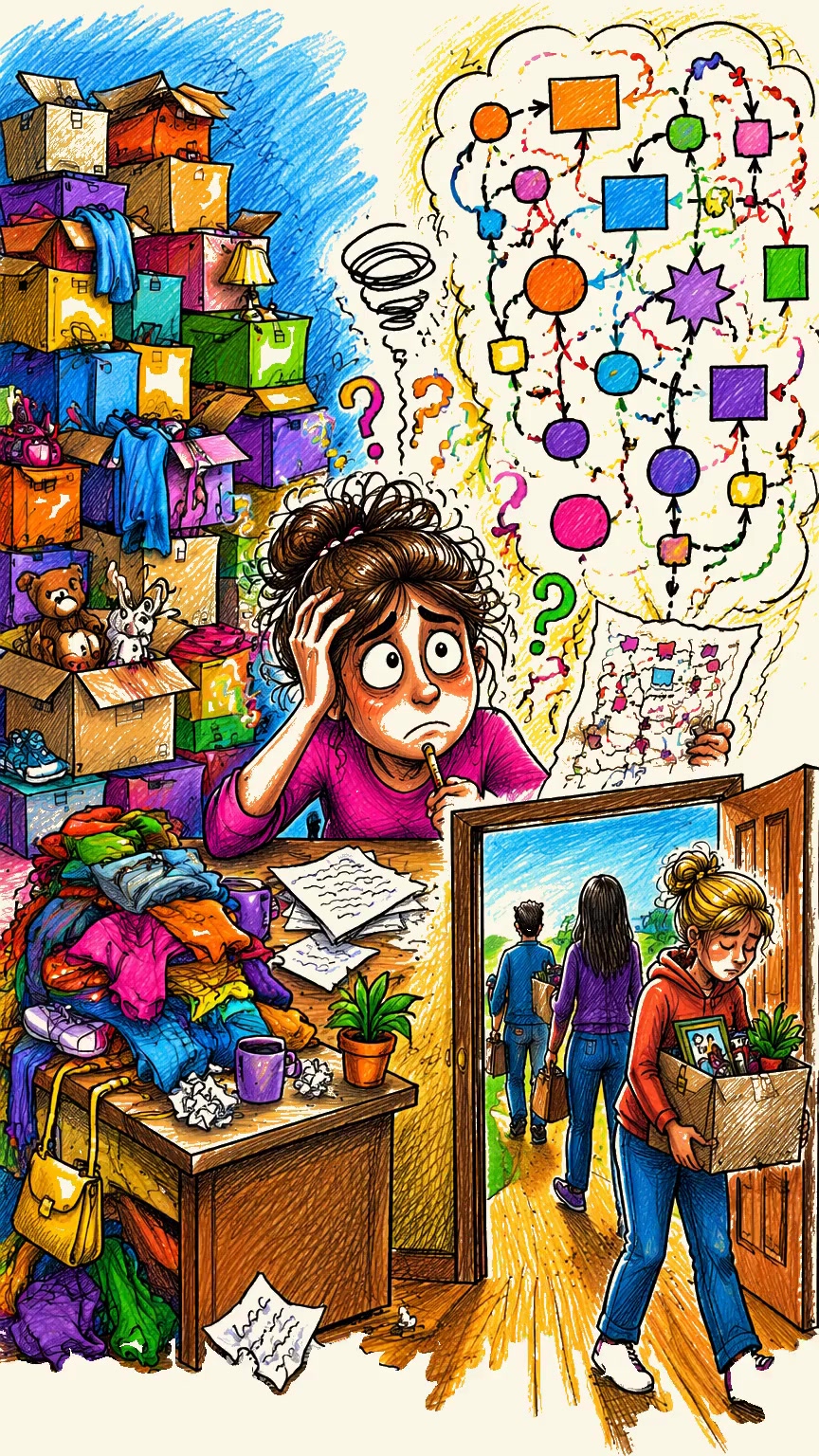 A frustrated woman surrounded by piles of unsold inventory β boxes, products, the closet-clutter that comes with traditional MLM